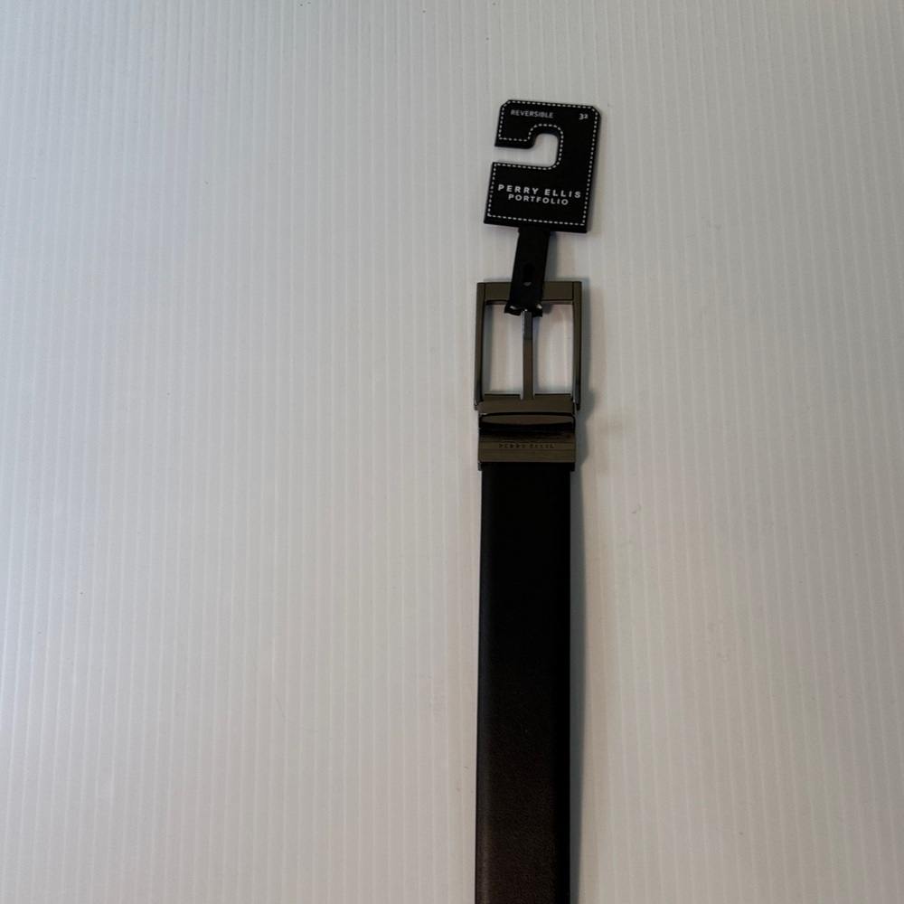 Perry Ellis Dark Leather Belt with Silver Buckle, new